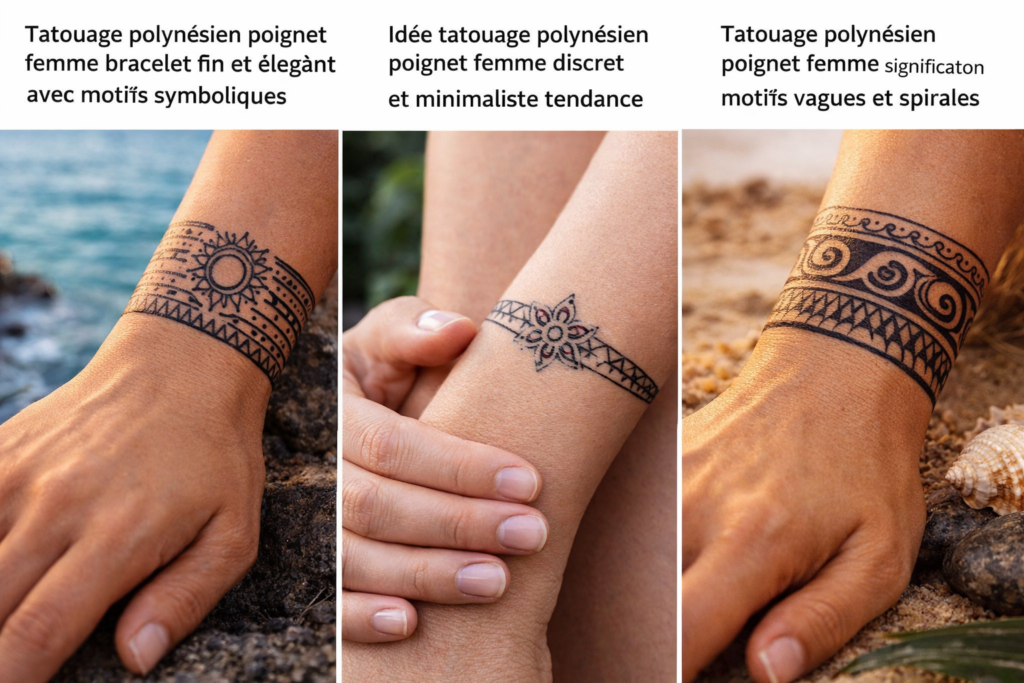 Tatouage polynesien poignet femme : 3 idées élégantes bracelet, minimaliste et symbolique tatouage polynesien poignet femme avec motifs bracelet fin soleil fleur et vagues spirales symboliques