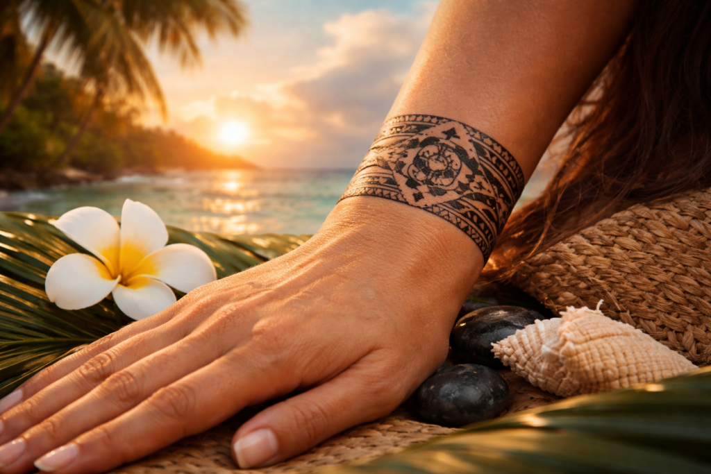 Tatouage polynésien au poignet femme en style bracelet tatouage polynesien poignet femme bracelet avec motifs traditionnels et symbole tortue