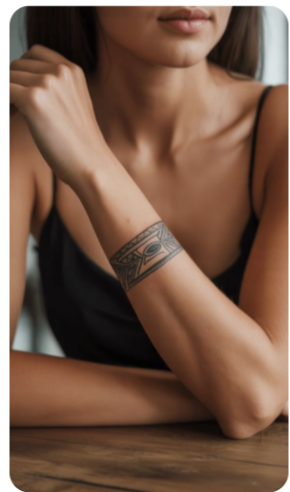 Tatouage bracelet géométrique femme : motif tribal minimaliste sur avant-bras Tatouage bracelet géométrique noir sur avant-bras femme, motif tribal minimaliste élégant